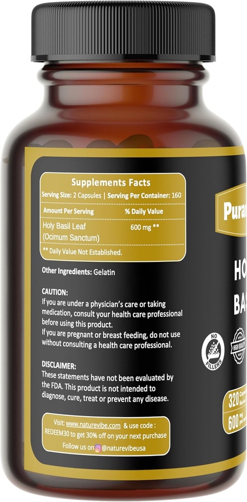 Holy Basil Premium 320 Kapsułki Nie GMO i gluten wolny 124; Herbal Supplement Equipment 124; 600 mg Per Serving Equipment 124; Made with 100% Pure Herb Holy Basil Leaf