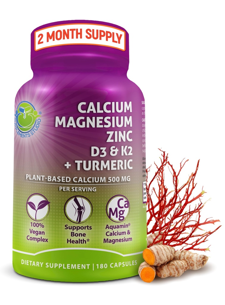 Wapń bazujący na plantacji 500mg (Akwamina) - Wegański Magnezu Cynk D3 z witaminą K2 & Organic Turmeric - Poprawa zdrowia i siły kości i mięśni, Wsparcie immunologiczne dla kobiet i mężczyzn - 180