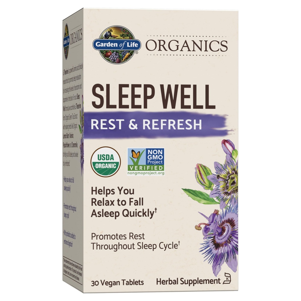 Ogród Organics Life Sen Well Rest & Odśwież 30 Tablets, Lemon Balm, Green Tea Extract L- Theanine, Valerian Korzeń, Rumianek, Probiotics- Organic Non-GMO Vegan Gluten