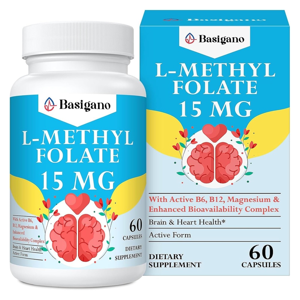 15 mg L metylofolianu (5- MTHF) - aktywnego kwasu foliowego wzbogaconego witaminami B6 i B12- 60 Kapsułki wegetariańskie - Non-GMO, bez glutenu