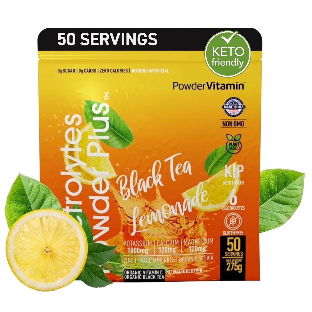 Electrolytes Powder Plus (50 Servings) Black Tea Lemonade Electrolyte Powder Zero Calorie Keto, 0 Cukier, Nie Maltodekstryna, 1000mg potasu, 120mg wapnia, 120mg magnezu, Proszek nawadniający