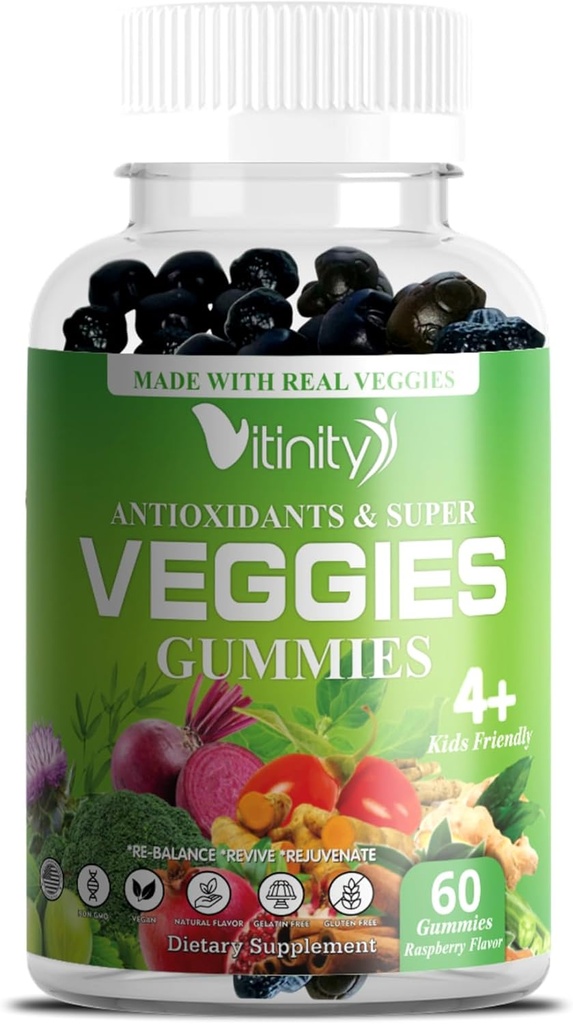 VITINITY Made with Real Super Veggies Pyszne suplement gumy, Mężczyźni, Kobiety i Dzieci (60 Chews), 30 Warzywa, Zioła, Owoce i Witaminy roślinne, Nie-GMO, Pectin- based, Gluten- Free, Nie więcej tabletek (30 Day Supply)