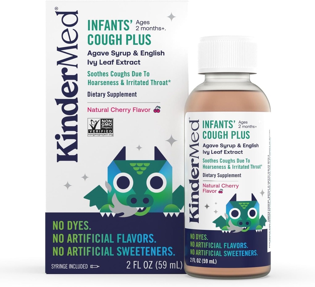 KinderMed Infants 'Daytime Cough Plus, Organic Agave Syrop i English Ivy Leaf Extract, No barwniki, Brak sztucznych aromatów lub słodzików, Non-GMO, dla niemowląt 2 Miesiące +, Natural Cherry Flavor (2 Fl Oz)