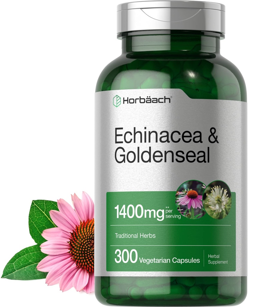 Horbäach Echinacea Goldenseal Kapsułki 124; 1400mg 124; 300 Hrabia 124; Wegetarian, Non- GMO, Gluten Free Extract Supplement