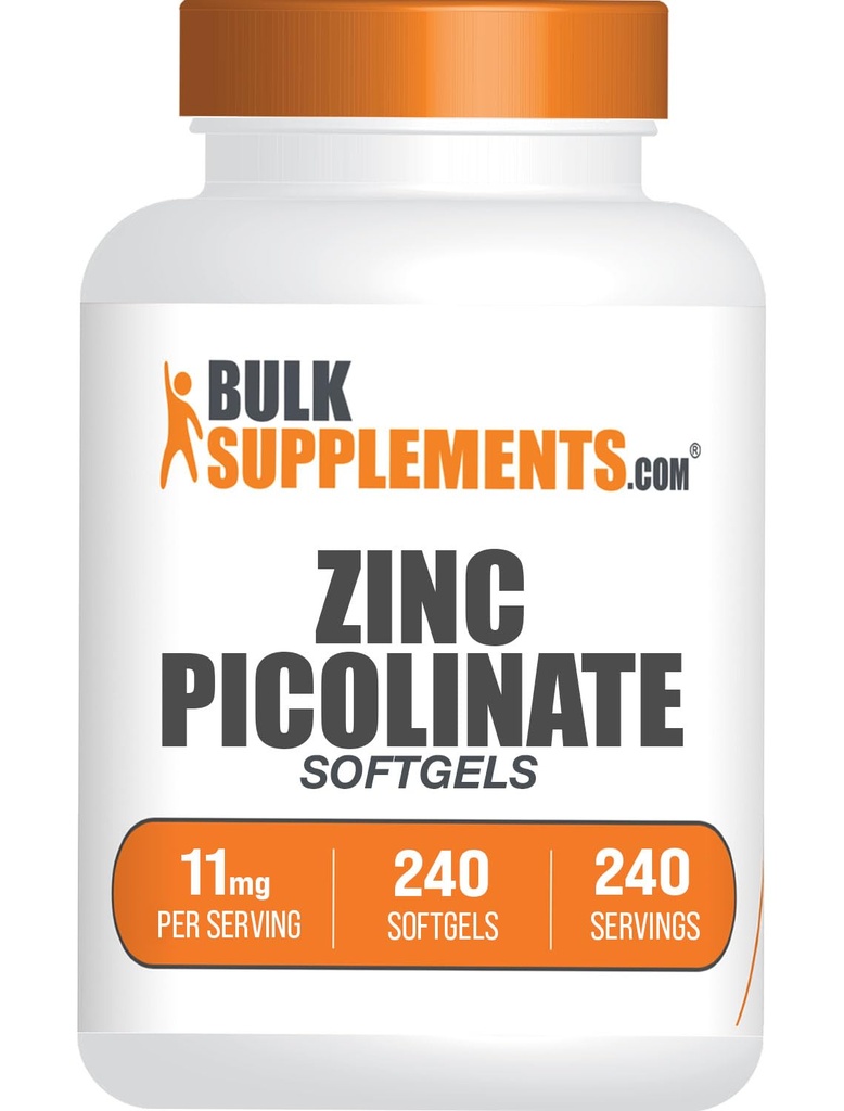 BulkSupplements.com Cynk Picolinate Softgels - Cynk 11mg, do wsparcia immunologicznego, Gluten Free - 1 Softgel na Serving, 240 Count (Pack of 1)