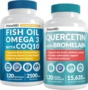 4- in-1 Fish Oil Omega 3 Supplements (2100mg) - Omega 3 Fish Oil with Vitamins D3 & K2 and CoQ10 & 28- in-1 Quercetin with Bromelain Supplement for Daily Immune Defense Supplement (120ct)