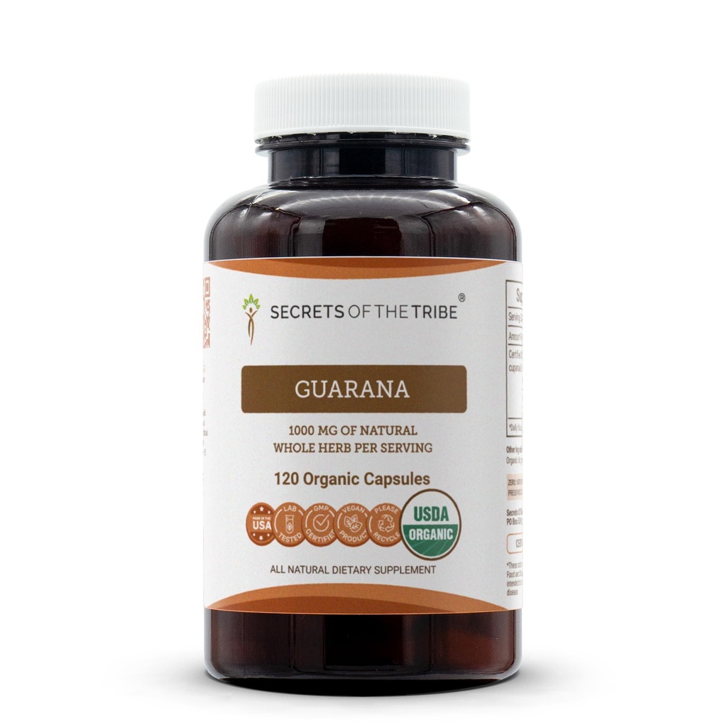 Tajemnice Tribe Guarana USDA Kapsułki organiczne 124; Certified Organic Vegetarian Kapsułki, Herbal Dietary Supplement Supplement 124; Paulinia cupanias Suszony Nasienie (120 Count)