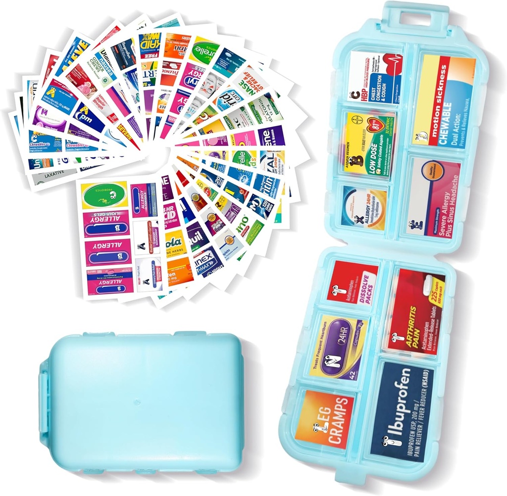 Pil Organizator z etykietami medycznymi 161 Etykiety Travel Daily Pill Container Mini Medication Organizer Storage Pill Organizer Travel Essentials Pill Case 7 Day (Niebieski, 1 Pack)
