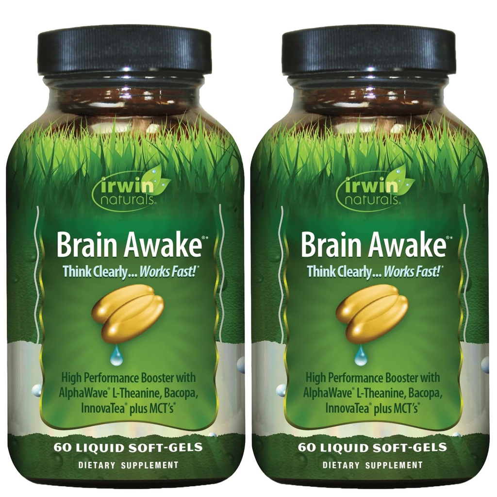 Irwin Naturals Brain Awake - 60 Liquid Softgels, Pack of 2 - Zwiększona wydajność umysłowa, Zwiększona koncentracja, klarowność i koncentracja - Nootropowy booster z L- Theanine, Bacopa, MCT