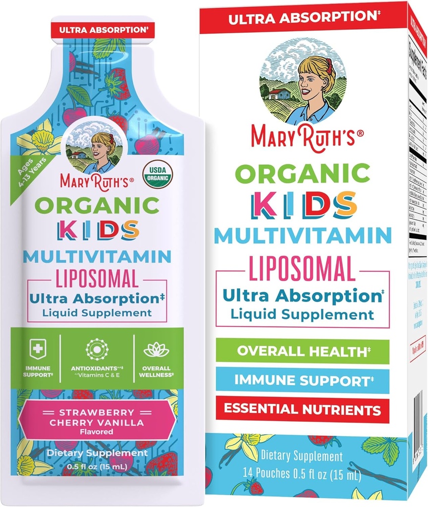 MaryRuth Organics Multivitamin dla dzieci 124; Cukier wolny 124; Witaminy płynne 124; Suplement wsparcia immunologicznego 124; Zdrowie kognitywne & Ogólne Wellness 124; USDA Organiczne 124; Wegan 124; NieGMO 124; 14 Służenie