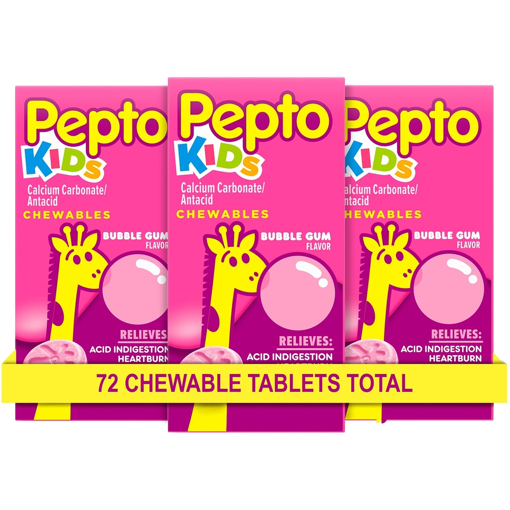 Pepto Kid 's Chewable Tablets for Heartburn, Acid Infersions, Sour Stomach, and Upset Stomach, Bubblegum Flavor, 72 Total (3 opakowania po 24)