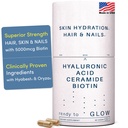GLOW Anti Aging Supplement - Hyabest ® Kwas hialuronowy, Phytoceramidy, 5000 µg Biotin, Witamina A, C, E, Cynk - Witaminy skóry włosowej dla kobiet i mężczyzn - Żwirki i nawodnienie skóry - 60 Kapsułki