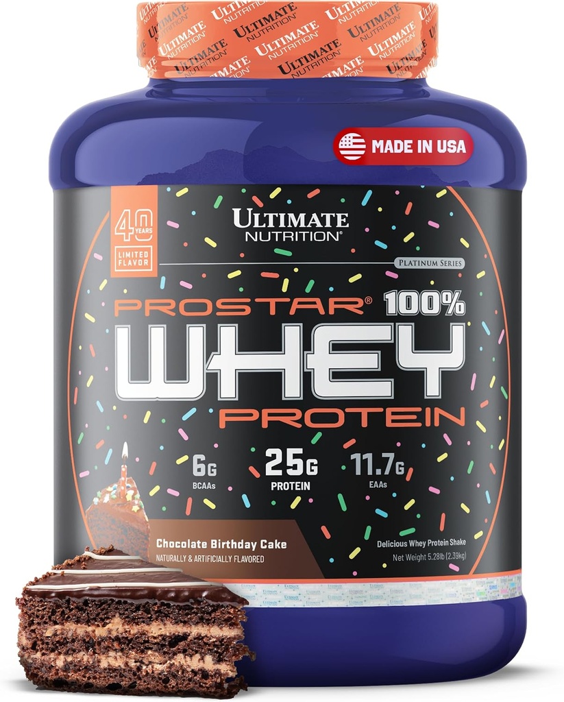 Ultimate Nutrition Prostar Protein Powder Isolate, Czekoladowe ciasto urodzinowe - Niskie węglowodany, Wysokie Białko Powder Shake for Muscle Gain & Recovery - Niski Sód, Niski Tłuszcz & Keto Friendly - 5.28 Lbs Tub