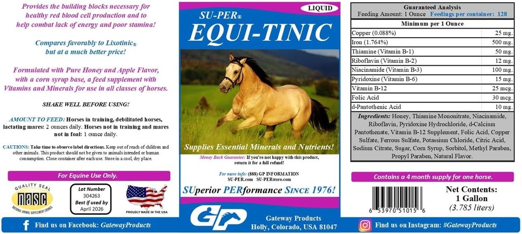 SU- PER Equi- Tinic Horse Minerals Supplement - Podstawowe minerały i składniki odżywcze dla zdrowych komórek krwi i energii - 1 Gallon
