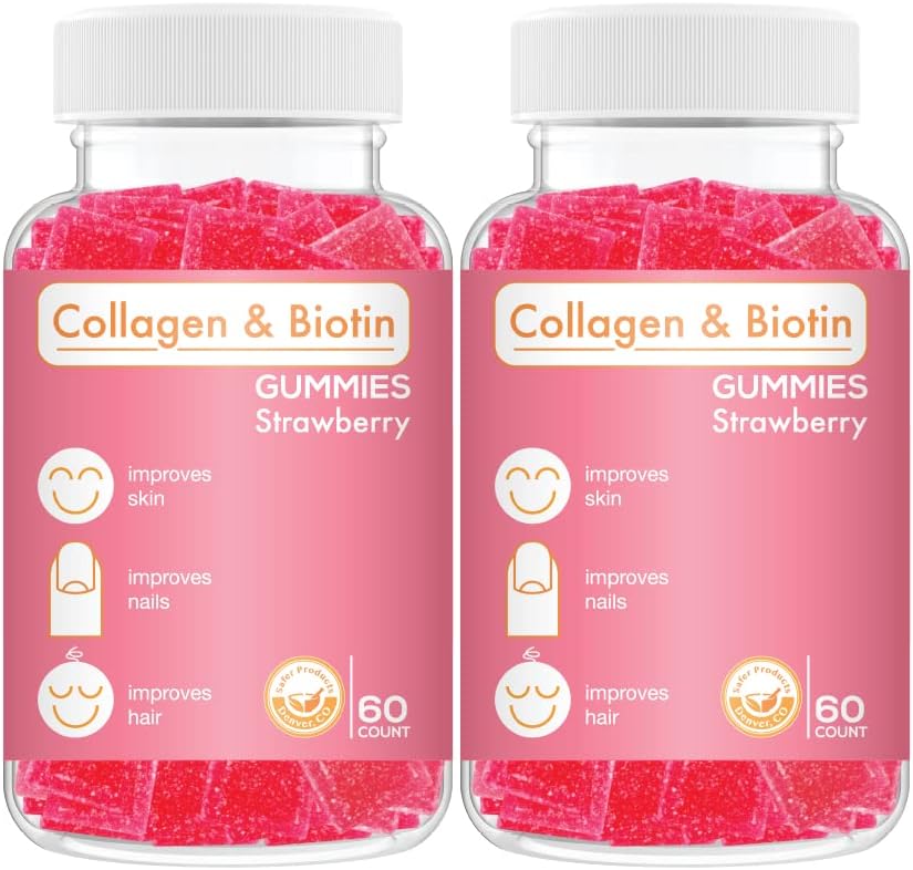 Kolagen Gummies Biotin - Wspiera włosy, skóry i paznokci wzrostu włosów anty starzenia opieki żucia Gummy witaminy, Wegan, Non-GMO, Gluten Free, Gelatin Strawberry Flavor 120 Count, Różowy