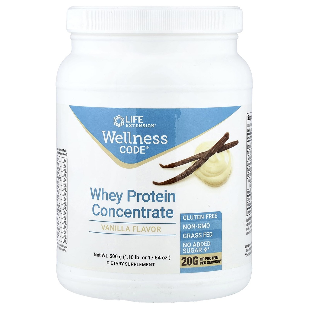 Life Extension Wellness Code Koncentrat białkowy serwatki 20g Wzrost mięśni i zdrowie immunologiczne - Wyżywiony z Grass- Fed, Free- Range, Krowy wolne od hormonów, Nie-GMO, Nie dodawany cukier, Vanilla- 500g