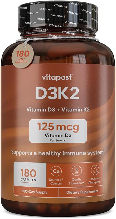 D3K2 XI124; D3 K2 Łączy witaminę K i witaminę D z wapniem i bioPeriną. D3 i K2 Suplementy zdrowe kości, serce i mięśnie 124; 180 Kapsułki