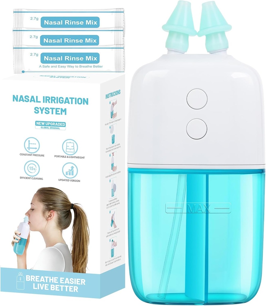 System nawadniania nosa z 30 paczkami soli - Dual Speed and Auto Waste Collection - Przenośne i Przyjazne do podróży Nasal Irrigator - Nasal Cleaner dla Sinus Relief Nasal Rinse Machine