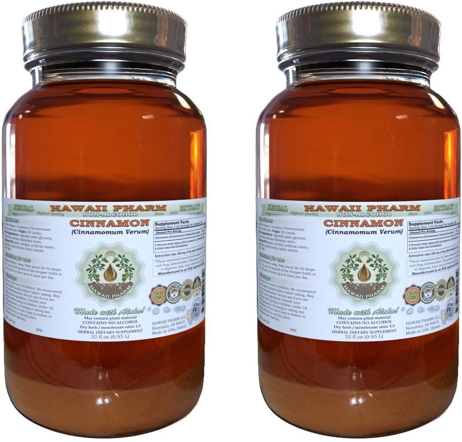 Cynamon Bezalkoholowy ekstrakt płynny, Cynamon (Cinnamomum verum) Suszony Bark Glicerite Hawaii Pharm Natural Herbal Supplement 2x32 oz Unfiltered