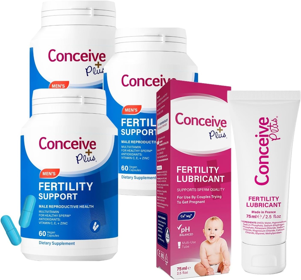 CONCEIVE PLUS Mens Płodność Paleta 124; 3 Miesiące dostaw witamin płodności dla mężczyzn 3 x 60 Licznik i Lubrykant płodności 2.5 unce