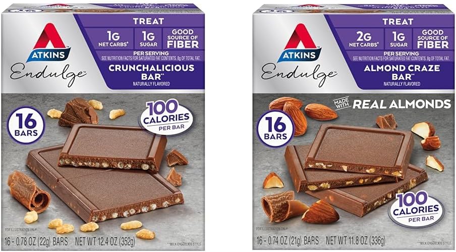 Atkins Endulge Treat Bars, Crunchalicious & Almond Craze Flavors, 1- 2g Węglowodory netto, 1g Cukier, Dobre źródło włókna, Keto Friendly, 16 Count