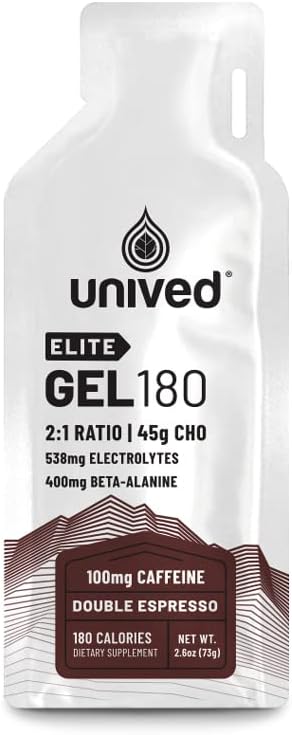 Unived Elite Gel 180-2: 1 Stosunek prostych i złożonych węglowodanów z Beta Alanine & Esential Electrolytes - dla Endurance Sports Runners & rowerzystów -180kcal - Double Espresso - 100mg Caetine - Opakowanie 6