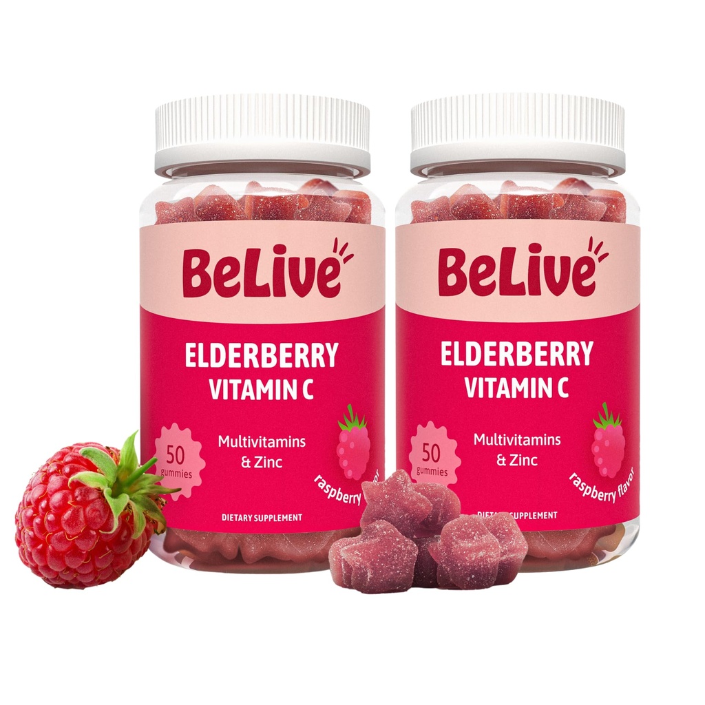 BeLive Gummies Elderberry z cynku i witaminy C - Suplement wsparcia immunologicznego z witaminy D, A, E, B12 - Gummies dla zdrowych kości i zębów, Wegan, Keto & Non-GMO - Malina Flavor 124; 2Pack