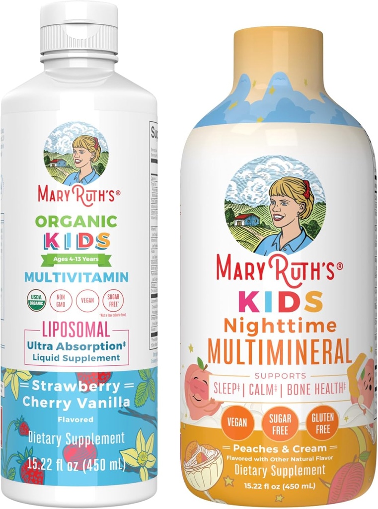 MaryRuth's Nighttime Multimineral (Peaches & Cream) and Multivitamin Liposomal (Strawberry Cherry & Vanilla) for Kids | Clean Label Project Verified® | Vegan Vitamins for Muslce Relaxation & Overall W