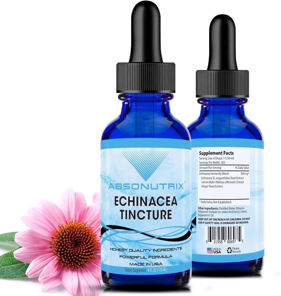 Absonutrix Echinacea Tincture Advanced Formula 390 mg, 4 Oz Liquid, 302 Servings, Made in USA, Szybka absorpcja, Jakość składników mocnych, Non-GMO, GMP Certified Facility, Cruelty- Free Products