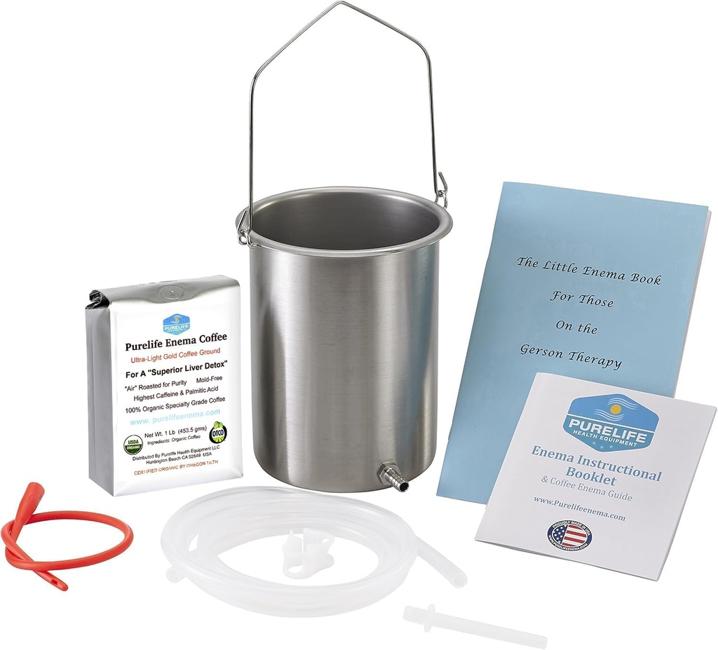 Purelife Detox Zestaw kawy Enema - Made in USA - 2 Qt / Superior Non Toxic Made in USA Jakość / 1 lb Purelife Ultra Light Gold Enema Coffee - Lab Tested bez mikotoksyn - Krzemionkowe tubing