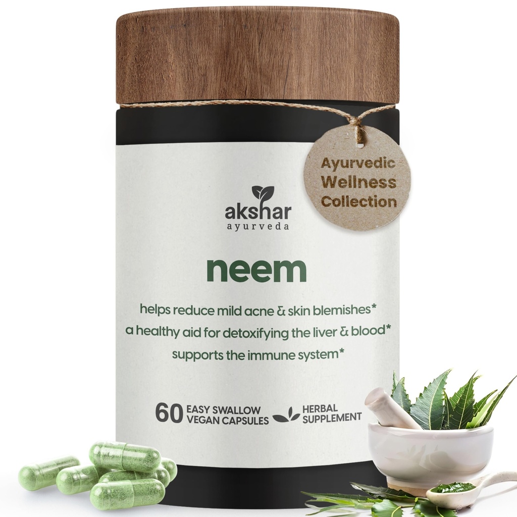 AKSHAR Ayurveda - Neem kapsułki z Neem Extract i Neem Leaf Powder - Herbal Neem Suplement do wsparcia Clear Skin Health and Detox - Vegan Cruelty- Free Neem Leaf kapsułki (60 Hr)