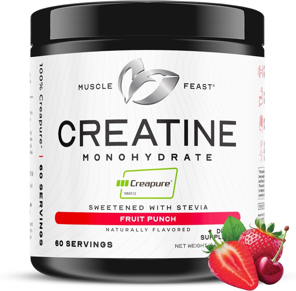 Mięśnie Uczta Creapure Kreatyny jednowodny proszek, Wegański Keto Przyjazny Gluten- wolny do mieszania, Muscle Recovery Supplement, Kreatyna do wzrostu mięśni, Kreatyna aromatyczna, Naturalne owoce Punch 300g