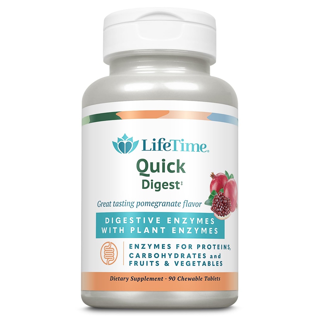 LIFETIME Quick Digest Digestive Enzymes - Enzymy roślinne dla białek, węglowodanów, owoców i warzyw - Pomarańcza - Pomarańcza Flavor - 90 Słupki, 90 Tabletki do żucia