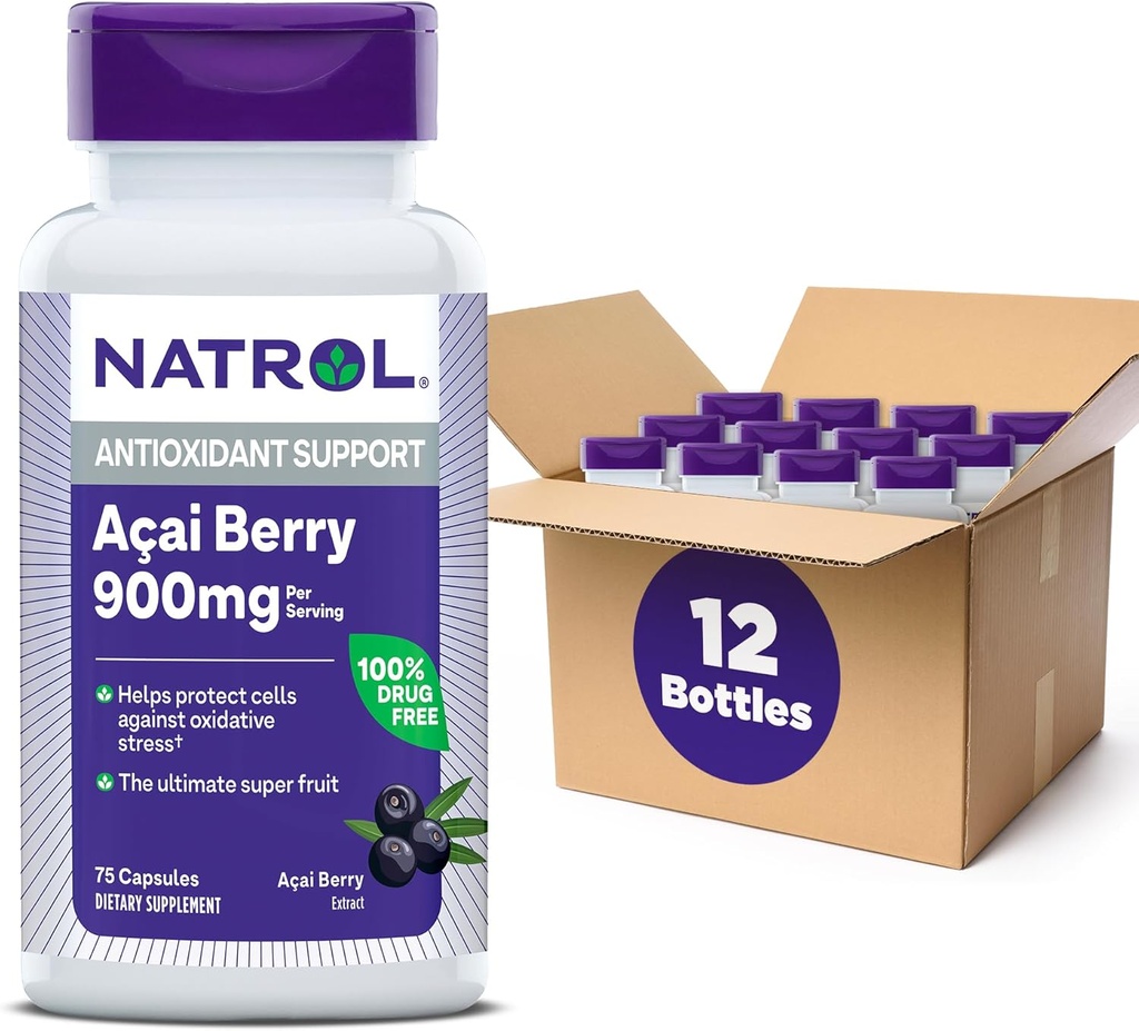 Natrol Acai Berry, Suplement diety, Antyoksydant Protection & Defense, Ultimate Super Fruit, 900 mg Kapsułki wegetariańskie, 75 Count (Pack of 12)