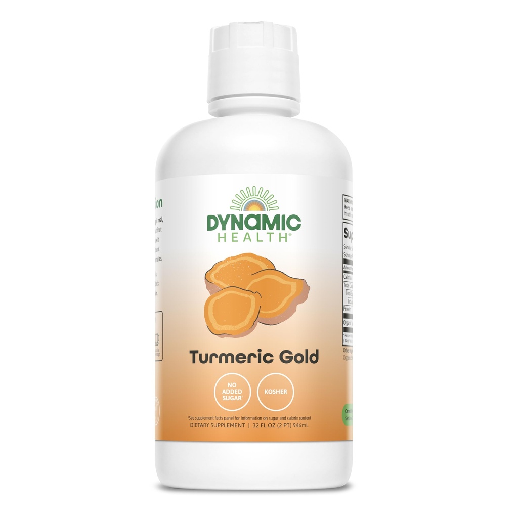 Dynamic Health Turmeric Gold, 100% Sok, Suplement Turmerowy, Brak dodatków, Wspólne wsparcie, Przeciwutleniacz, Zapalenie, Wegan, Gluten Free, Non-GMO, 32 Fl Oz