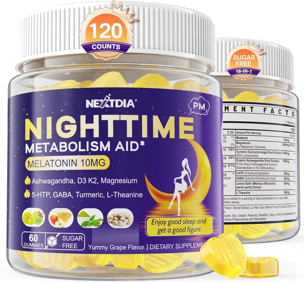 Melatonina 10mg Gummies, Night Metabolizm Gummies dla dorosłych, Crush Excess Hodowla podczas odpoczynku, Promowanie zdrowych Zzzs, z Magnezu, Ashwagandha, 5- HTP, GABA, 100% bez narkotyków, Cukier wolny, 2Packs