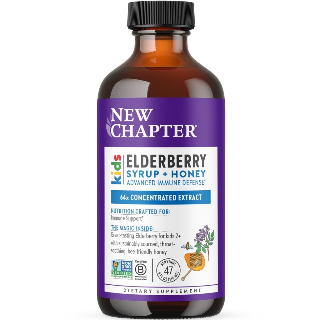 Nowy rozdział Elderberry Kids Syrop, Advanced Immune Defense for Ages 2 +, 64x Koncentrated Elderberry, Sweetened with Throat- Soothing Grade A Honey, Non-GMO Project Verified, 4 Fl Ounce