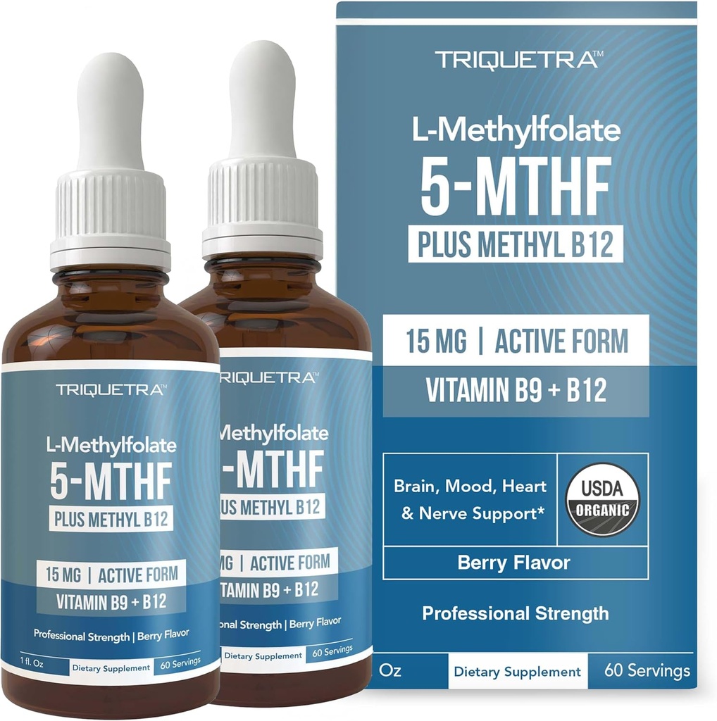 L Folan metylu 15mg Plus Kofaktor metylu B12 - organiczny, aromat jagodowy, siła robocza, ciecz podjęzykowa, aktywny formularz 5-MTHF - wspomaga nastroje, metylację homocysteiny, kognitywację (1oz -2 Pack)