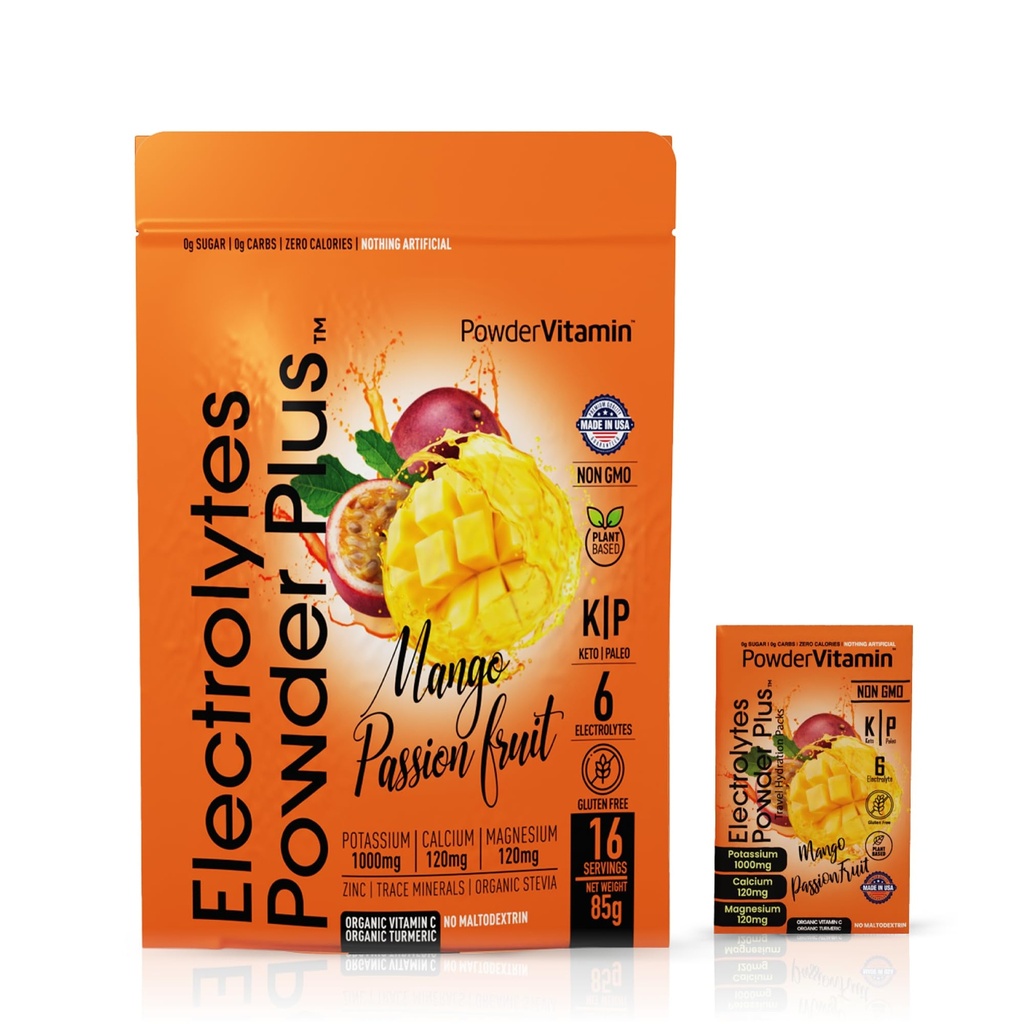 PowderVitate Electrolytes Powder Plus, Keto, Mango Passionfruit, Sugar Free, Pink Himalayan Salt, 1000mg Potasu, 120mg wapnia, 120mg Magnezu, Non-GMO, Zero Calories, (16 pakietów nawadniających)