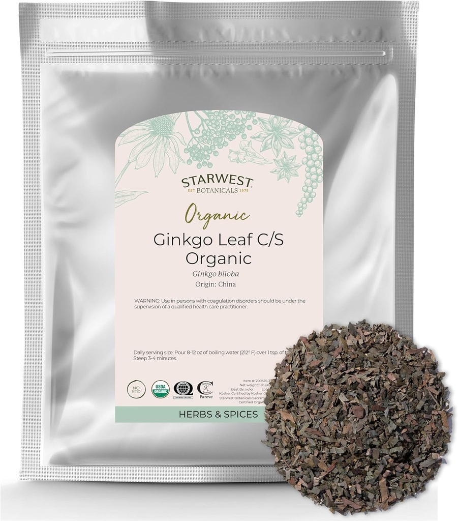 Starwest Botanicals Organic Ginkgo Leaf - Ginkgo Biloba, Suszony Loose Leaf Herb na herbatę, Kapsułki, & Mieszanki ziołowe, Cut & Sifted, Certified Kosher, Non-GMO - Bulk 1 lb Bag