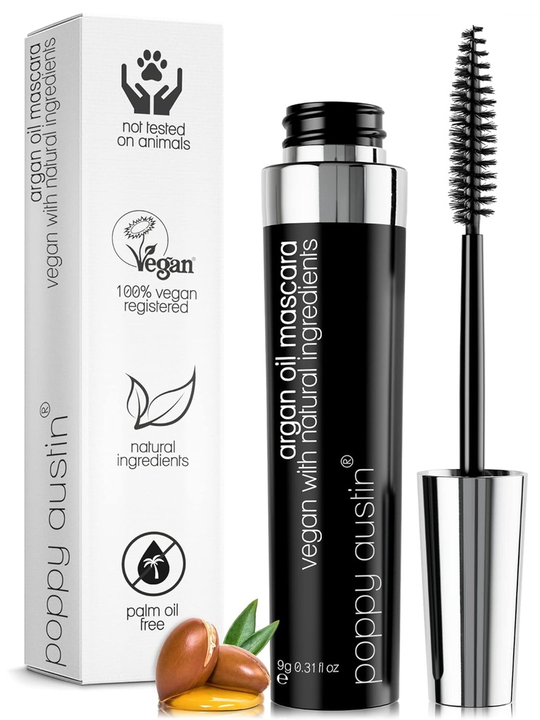 Poppy Austin Organic Mascara, Natural, Vegan, Paraben- Free, Cruelty- Free - Hipoalergiczne Mascara Lengduction & Volumizing z Argan Oil - 0.31 Fl Oz (Czarny)