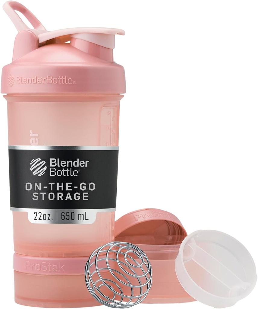 Butelka BlenderBottle Shaker Butelka z Pill Organizer and Storage for Protein Powder, Classic V2 ProStak System, 22- unce, Rose Pink