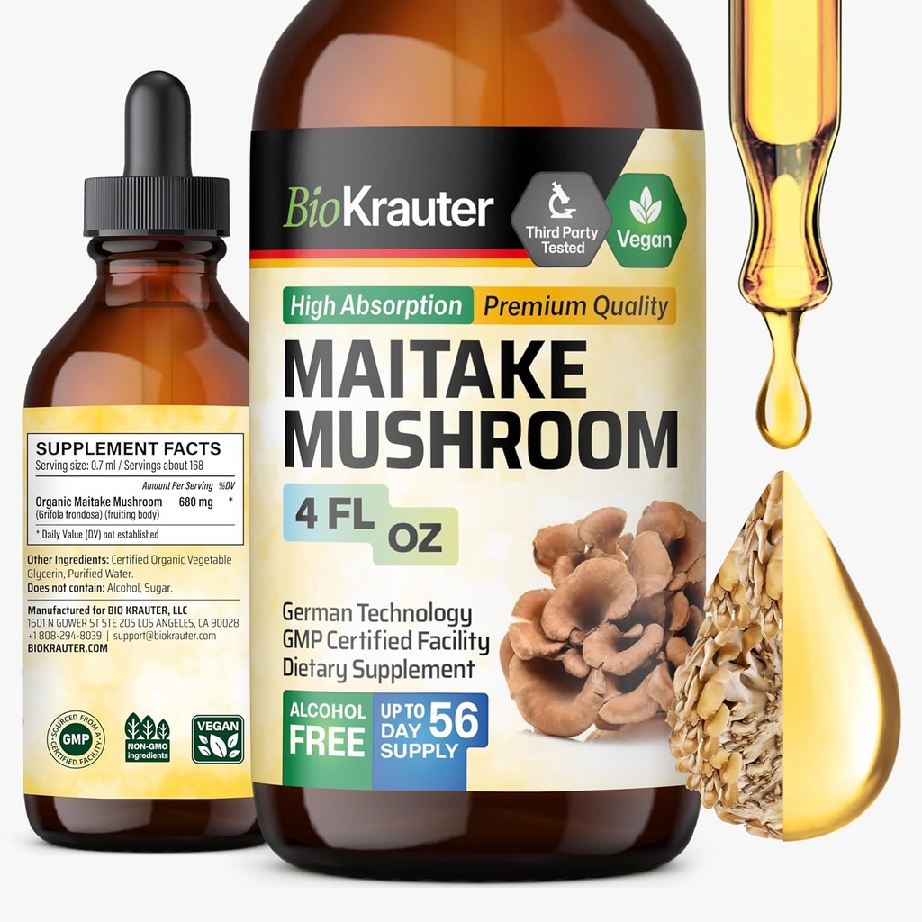 BIO KRAUTER Maitake Mushroom Extract - Maitake Liquid Supplement for Immune Support - 680 mg na serwowanie - Wegan, Alkohol i Cukier Free Drops 4 Fl.Oz.