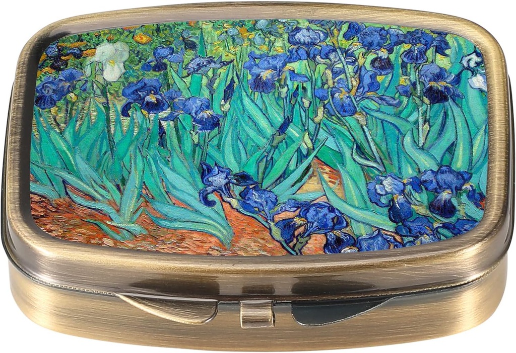 Dynippy Pill Case Pill Pudełko z lusterkiem Retro Pocket 2 Communation Medicine Case Organizer Witaminy do torebki kieszonkowej i podróży (A- Van Gogh Irises)