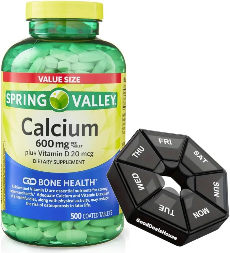 Wiosna - Dolina Wapń 600 mg + Witamina D 20 µg - 500 Licz z Cotygodniowym Pill Organizator GoodDealsHouse - Bone Health Dietetic Supplement Tablets