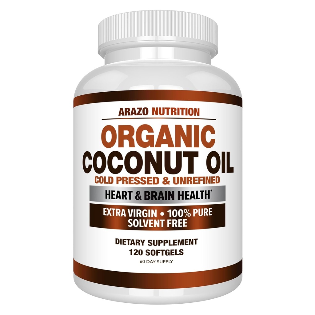 Arzo Nutrition Organic Coconut Oil 2000 MG - 100% Extra Virgin Unrafinted Cold Pressed for Weight Support, Skóra, Włosy, Nails - 120 Softgel kapsułki