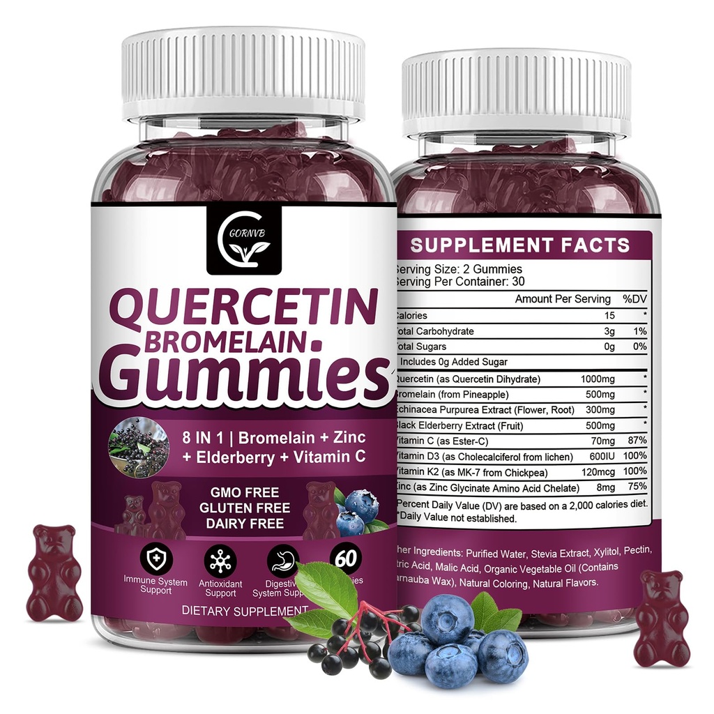 Quercetin Gummies z bromelainem 2378mg - Mieszanka z Elderberry, Echinacea Purpurea Extract, Cynk, Witamina C, D3, K2, Kompleks Wspiera immunologiczne, sercowo-naczyniowe i oddechowe, Wegan Gummy dla dorosłych i dzieci