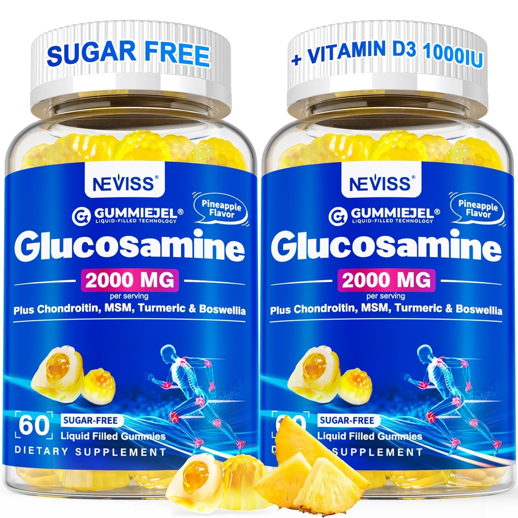 Glukozamina wolna od cukru Gummies wypełniona - Suplement glukozaminy plus Chondroitin, MSM, Turmeric, Boswella, Kwas hialuronowy, Witamina D3 i Cynk, 120 Gummei, 60 Słupki