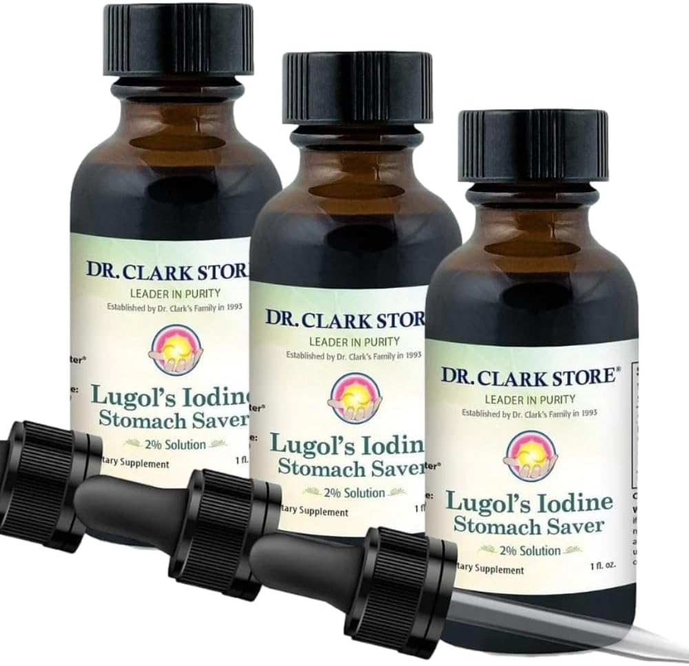 Jod dr. Clarka Lugola 2% Roztwór - Wodny i 2% Jod granulowany - Naturalna ulga żołądkowa i opieka zdrowotna - 1 fl. Oz z kroplomierzem 3Pack