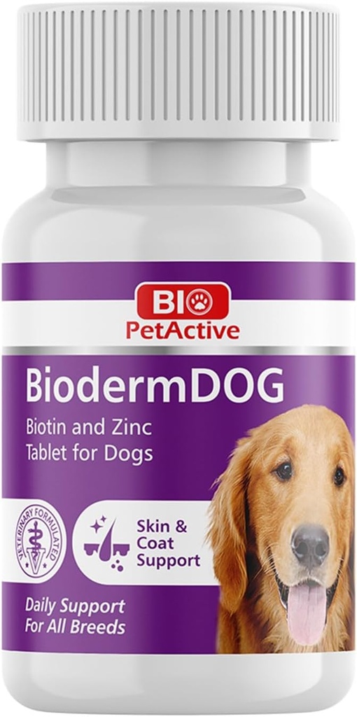 Bio Pet Aktywne BiodermDOG 0,5 Cynk i Biotin tabletki dla psów, układu immunologicznego, skóry, płaszcza i paznokci Wsparcie dla psów, 1.32 oz, 75 Tabletki do rozgryzania i żucia